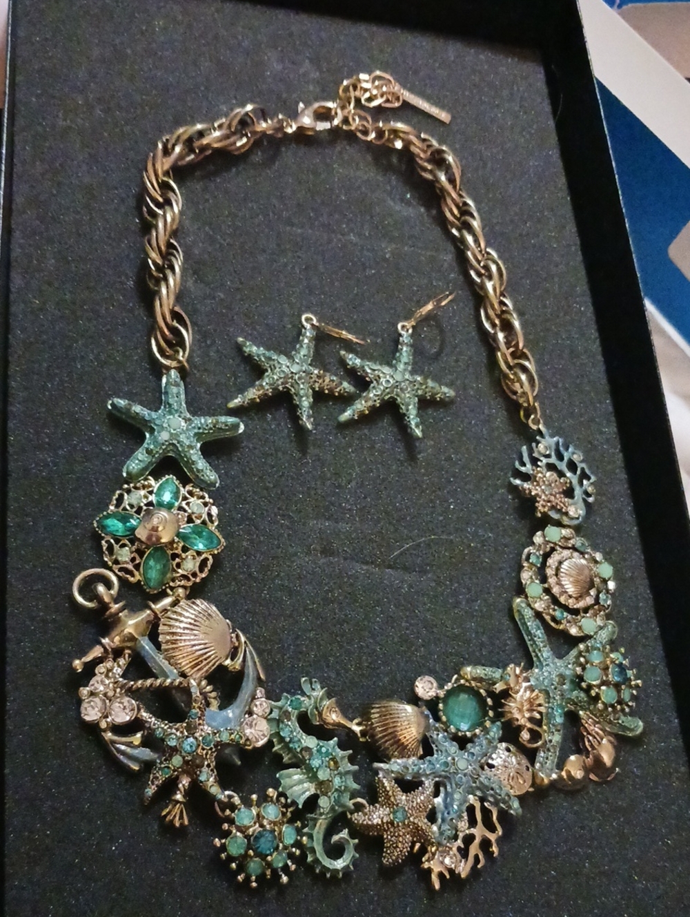Coastal Starfish Statement Necklace and Earring Set - Turquoise Green